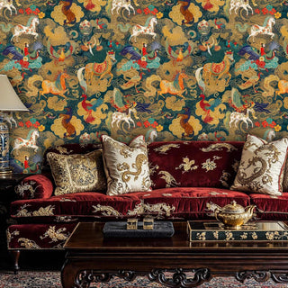 Rich celestial wallpaper featuring mythical horses and clouds, displayed in opulent living room with burgundy velvet sofa