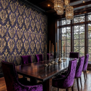 Rich damask wallpaper in purple and gold, displayed in formal dining room with crystal chandeliers