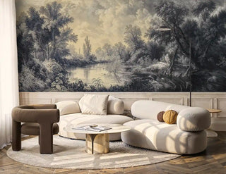 River landscape wall mural with trees and clouds in modern living room with curved white sofa