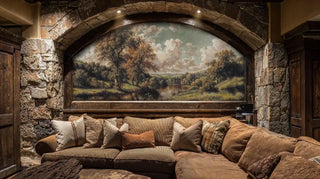 River valley wall mural with ancient oaks shown in cozy basement lounge with stone arch