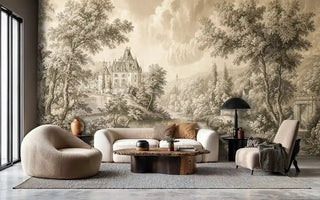 Romantic chateau landscape wall mural with architectural details, displayed in modern living room with curved sofa