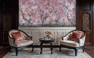 Romantic floral wall mural with perched songbirds and delicate blooms, featured in classic living room
