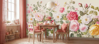 Romantic floral wallpaper featuring garden roses and buds, displayed in cozy breakfast nook with coral curtains