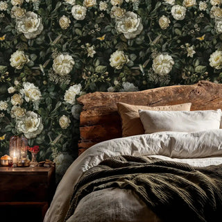 Romantic floral wallpaper with hummingbirds in rustic bedroom with wooden headboard