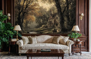 Romantic forest chapel wall mural with golden light and stone architecture, shown in traditional living room with beige furniture