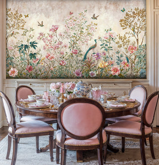Romantic garden wall mural with flowering branches and wildlife in formal dining room with oval table