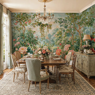 Romantic garden wall mural with pink and red peonies shown in an elegant dining room with crystal chandelier and sideboard