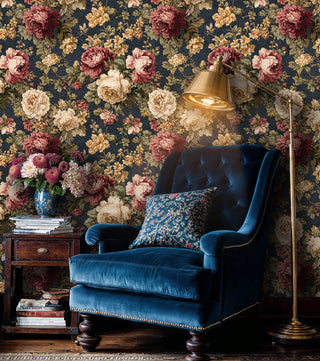 romantic garden wallpaper with layered florals, displayed in reading corner with brass floor lamp