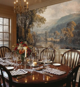 Romantic landscape wallpaper showing pastoral valley scene, featured in elegant dining room with crystal chandelier