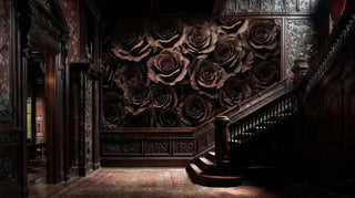 Rose pattern wall mural in brown and burgundy tones featured in grand entryway with curved staircase