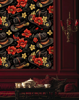 Rustic floral wallpaper featuring cowboy hats and red blooms, shown in dining room with mahogany paneling and brass sconce