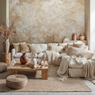 Rustic plaster texture wall mural in beige tones with organic cracks, displayed in cozy living room