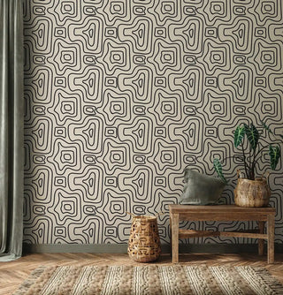 Sacred geometry wallpaper in neutral palette displayed in cozy living room with wicker baskets
