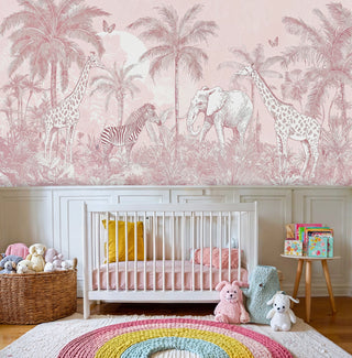 Safari paradise wallpaper featuring giraffes and zebras, displayed in bright nursery with colorful rainbow rug