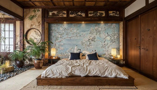 Scenic Asian wall mural with flowering branches in rustic bedroom with exposed wooden beams