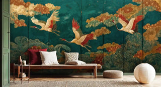 Scenic crane wall mural with wave patterns displayed in minimalist space with wooden bench