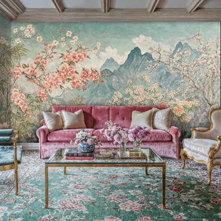 Scenic floral wall mural with pink blossoms in luxurious living room with burgundy velvet sofa and glass coffee table