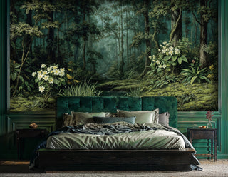 Scenic forest stream wall mural with mossy foliage shown behind a teal velvet headboard and dark paneling