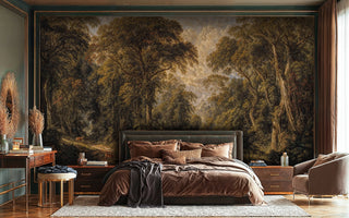 Scenic forest wall mural in golden-green tones, featured in sophisticated bedroom with dark wood furniture