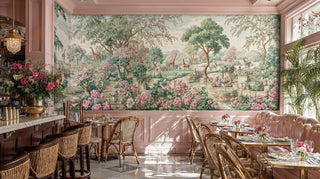 Scenic garden wall mural with pink roses, giraffes, and lush trees in a chic pink cafe with rattan chairs