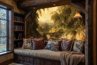 Scenic landscape wall mural featuring mountain valley and waterfall, shown in rustic reading nook with built-in bench