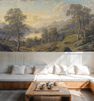 Scenic landscape wallpaper showing mountain lake view in a cozy sitting area with built-in white bench and coffee set