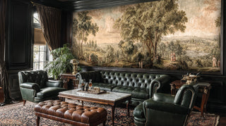 Scenic landscape wallpaper with trees and figures, displayed in sophisticated study with green leather furniture