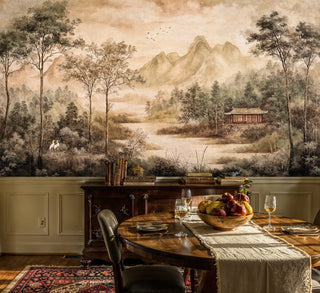 Scenic mountain wall mural featuring traditional pavilion and misty peaks, shown in elegant dining room