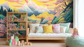 Scenic mountain wall mural with autumn colors in playful kids room with wooden daybed and toy shelves