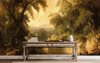 Scenic mountain wallpaper with waterfall and bridge, shown in minimalist space with rustic wooden console