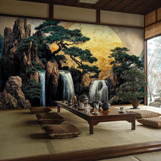 Scenic nature wall mural with cascading waterfalls and twisted pines, displayed in traditional Japanese tea room