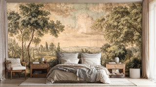Scenic pastoral wallpaper featuring trees and countryside, displayed in serene bedroom with neutral bedding
