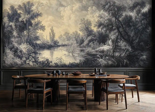 Scenic river landscape wall mural with trees and golden sky in elegant dining room with wooden table