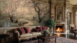Scenic spring wall mural with flowering trees and figures in living room with ornate fireplace