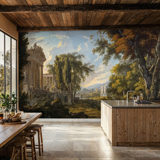 Scenic temple ruins Wall Mural featuring golden foliage and classical architecture in rustic kitchen setting