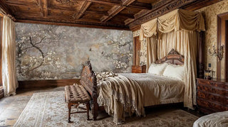Scenic wall mural with cherry blossoms and birds displayed in luxury bedroom with ornate four-poster bed and coffered ceiling
