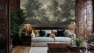 Scenic woodland wallpaper featuring majestic trees and rolling hills, displayed in elegant library with ornate paneling