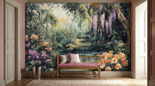 Secret garden wall mural with vibrant blooms and water features in elegant hallway with wooden bench