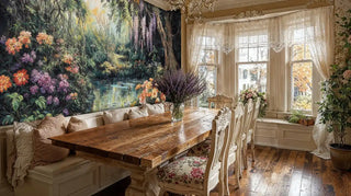 Secret garden wall mural with wisteria, orange blooms and stream in elegant dining room with rustic table