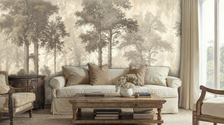 Sepia forest wall mural with misty atmosphere displayed in cozy living room with vintage wooden furniture