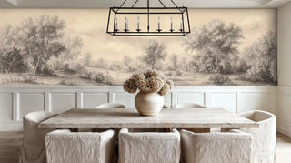 Sepia landscape wallpaper featuring pastoral trees and meadows, displayed in elegant dining room with rustic table