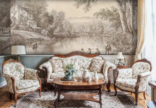 Sepia river landscape wallpaper with fishing boats, displayed in traditional living room with floral sofa