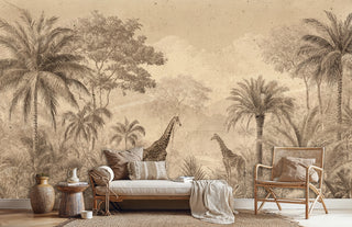 Sepia safari wall mural with giraffes and exotic foliage, styled in natural living room with woven furniture and plants