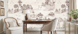 Sepia toile wall mural with rural landscapes and figures, displayed in a refined home office with antique wooden desk and framed art