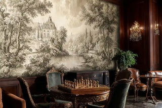 Sepia-toned chateau wall mural featuring majestic castle and gardens, displayed in study with ornate chess table