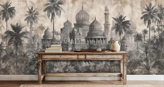 Sepia-toned palace landscape wall mural with domes and minarets, featured in home office with rustic wooden desk