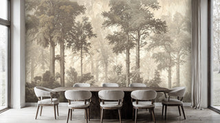 Sepia woodland wall mural featuring misty trees displayed in modern dining room with natural wood table
