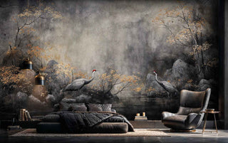 Serene crane landscape wallpaper with misty background, featured in modern bedroom with leather armchair