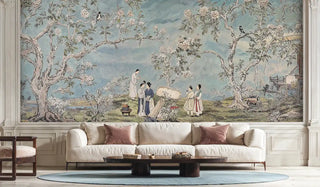 Serene garden scene wallpaper with traditional figures in elegant sitting room with velvet armchairs