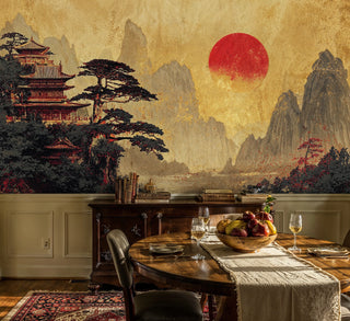 Serene Japanese landscape wall mural with temple and mountains, featured in rustic dining room with wooden table